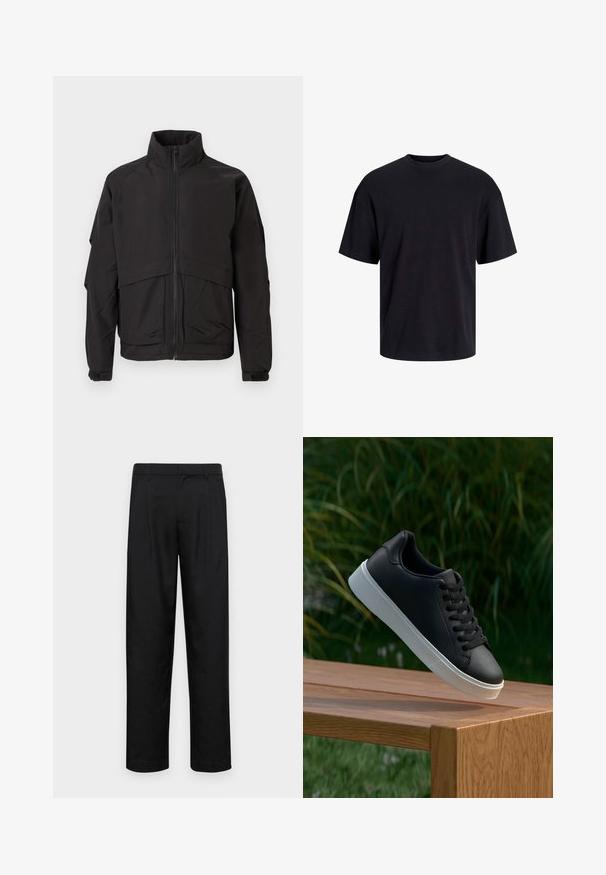 Melnā jaka ar augstu apkakli, ar rāvējslēdzēju un garām piedurknēm. Iezīmējas ar daudzslāņainu dizainu un gludu, matētu tekstūru.; Melns kokvilnas T-krekls ar apaļu kakla izgriezumu, īsām piedurknēm un brīvu piegriezumu. Gluda tekstūra un nav redzamu rakstu vai akcentu.; Melnas bikses, izgatavotas no gludas auduma, ar taisnu kāju dizainu, divām priekšējām krokām un standarta jostu, kurai ir āķi.; Melnās ādas sporta apavi ar gludu tekstūru, baltu gumijas zoli un sešiem caurumiem šņorešanai, novietoti uz koka virsmas.