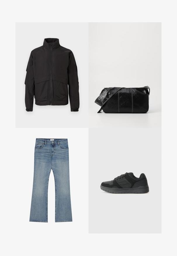 Zwarte jas met een hoge kraag, ritssluiting en lange mouwen. Kenmerkt zich door een gelaagd ontwerp en een zachte, matte textuur.; Witte katoenen T-shirt met korte mouwen en V-hals, met een ontspannen pasvorm en een gladde, zachte textuur. Geen patronen of accenten aanwezig.; Lichtblauwe spijkerbroek met een flared leg-ontwerp, met een klassieke vijf-pocketstijl en een knoopsluiting op de taille.; Zwarte sportieve schoen met een gestructureerde bovenkant van suede en mesh, een gevoerde kraag en een rubberen zool met een profielpatroon.; Zwarte leren schoudertas met een ritsluiting, voorzien van een gestructureerd lichaam, witte stiksels en een band met zilveren oogjes.