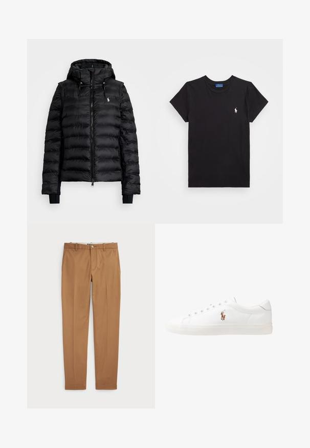 Juodas pūkinis jakas su užtrauktuku priekyje, kapišonu ir šiurkščiais rankogaliais. Jis turi siuvinėtą dizainą ir mažą logotipą kairėje krūtinės pusėje.; Juodas medvilnės marškinėlis su apvalia iškirpte, trumpomis rankovėmis ir balta siuvinėta logo kairėje krūtinės pusėje. Lygus tekstūrinis audinys, neformalus dizainas.; Rudos medvilnės kelnes su siauru siluetu, lygiu priekiu ir standartinėmis kišenėmis; sklandžios tekstūros ir apkarpytais rankogaliais.; Baltos odinės sportbačiai, žemo profilio, su lygia tekstūra, apvalia nosimi, raištelių sistema priekyje ir mažyte siuvinėta logo šone.