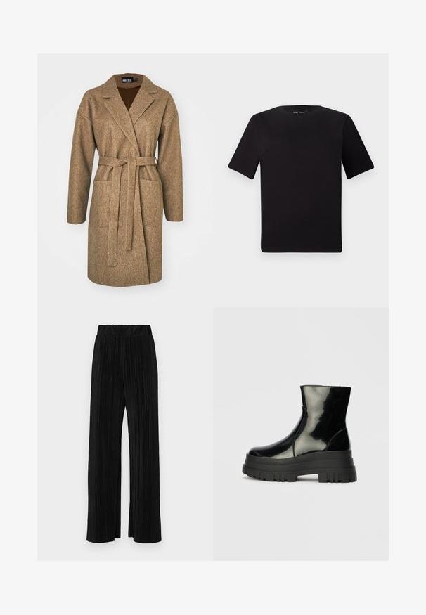 Palton maro, cu maneci lungi, confecționat dintr-o țesătură texturată, având talie cu curea, guler tăiat, două buzunare laterale și o croială lejeră.; Tricou scurt negru cu mânecă scurtă și guler rotund, realizat dintr-un material de bumbac moale. Design simplu, fără logo-uri sau modele vizibile.; Pantaloni negri plisati cu talie elastică. Prezintă picioare largi și un material neted, texturat, cu dungi verticale.; Botine negre, lucioase, până la gleznă, cu talpă groasă și vârf rotund, vedere laterală pe un fundal gri deschis, simplu.