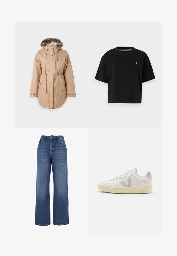 Tan voděodolná parka s kapucí lemovanou kožešinou, stahovacími šňůrkami v pase, patentkami a dvěma bočními kapsami. Na levém prsu se nachází malé logo.; Černé zkrácené tričko z bavlny s krátkým rukávem, kulatým výstřihem a malým bílým logem na levé hrudi.; Džínové kalhoty s širokými nohavicemi vyrobené z modré středně těžké bavlněné látky. Mají klasický design s pěti kapsami a zip s knoflíkovým zapínáním.; Bílé kožené tenisky s béžovými semišovými akcenty, perforovanou špičkou, plochými tkaničkami a strukturovanou krémovou podešví. Obsahují jemné logo na patě.