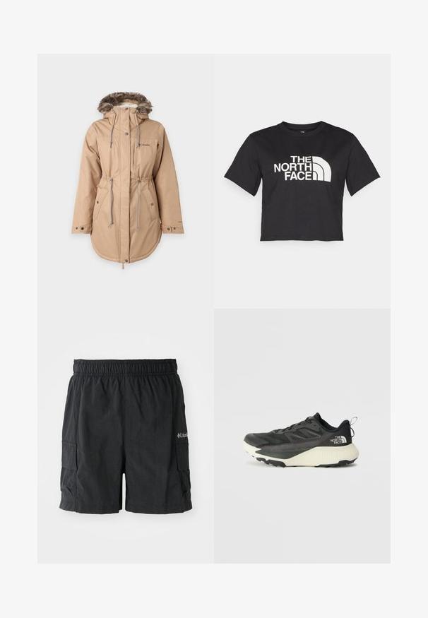 Vízálló bézs szélkabát, szőrmével bélelt kapucnival, húzózsinóros derékkal, patentgombokkal és két oldalsó zsebbel. A bal mellkason kis logó található.; Fekete, vágott ujjú, pamut póló, fehér logóval, amely ívelt díszítéseket és a "THE NORTH FACE" feliratot tartalmazza az elején. Rövid ujjú, kerek nyakú.; Fekete cargo rövidnadrág könnyű anyagból, rugalmas derékkal, oldalsó zsebekkel és logóval a jobb alsó oldalon.; Fekete sportcipő, texturált felsőrésszel, szürke kiegészítőkkel és fehér középtalppal. Húzófüllel és kiemelkedő márkalandírral a sarkán.