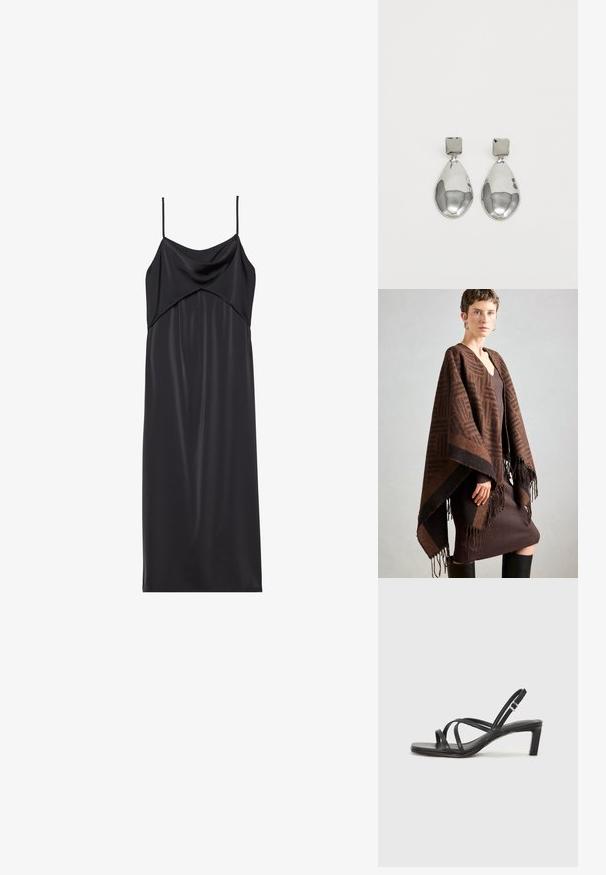 Rjav pončo z vzorcem in resicami, izdelan iz mehkega blaga. Nosil se je preko rebraste rjave obleke z globokim V-izrezom in oprijetim krojem.; Črna satenska slip obleka s tankimi spaghetti naramnicami, drapirano dekoltejem in ravno silhueto. Gladka tekstura in minimalističen dizajn.; Črne natikače s trakovi in kvadratnim prstom ter nizkim blokastim peto. Imajo več tankih trakov in nastavljiv trak okoli gležnja. Narejene so iz gladkega usnja.; Srebrni uhani z kvadratnim studom, ki imajo gladko, polirano površino in obliko kapljice, ki odbija svetlobo z sijočo površino.