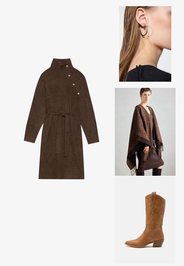 Brown patterned poncho with fringe, made of soft fabric. Layered over a ribbed brown dress, featuring a deep V-neck and fitted silhouette.; Brown knitted sweater dress with a high ribbed collar, side buttons, and a matching fabric belt. Ribbed cuffs and hem add texture.; Tan leather cowboy boot with pointed toe, embroidered swirl patterns on shaft, and a stacked block heel. Features a pull tab for easy wear.; Silver hoop earring with a polished finish, featuring small gold accent details and a round shape, worn on the lobe.