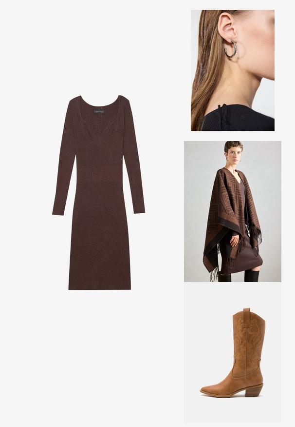 Braun gemusterter Poncho mit Fransen, aus weichem Stoff. Über einem ribbelten braunen Kleid getragen, das einen tiefen V-Ausschnitt und eine figurbetonte Silhouette hat.; Braunes gestreiftes Langarmkleid mit Rundhalsausschnitt und figurbetonender Silhouette. Verfügt über eine v-förmige Nahtdetail im Oberteil.; Braune Leder-Cowboy-Stiefel mit spitzem Zehenbereich, bestickten Wirbelmustern am Schaft und einem gestapelten Blockabsatz. Verfügt über einen Ziehriemen für das einfache Anziehen.; Silberne Creolen mit polierter Oberfläche, die kleine goldene Akzentdetails und eine runde Form aufweisen, am Ohrläppchen getragen.