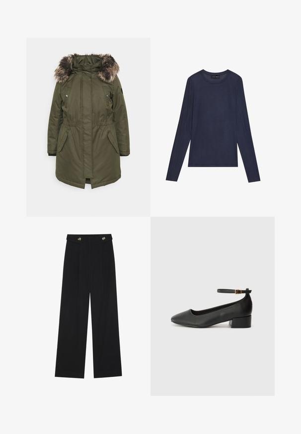 ONLY Carmakoma CARIRENA OTW NOOS - Casaco de inverno - grape leaf; T-shirt de manga longa azul-marinho feito de tecido suave e leve. Apresenta um decote redondo e detalhes de costura ao longo das mangas e dos lados.; Calças largas pretas com cintura alta, detalhes em botão na cintura e pregas frontais.; Sandal de pele preta com bico pontiagudo e um salto bloco baixo. Apresenta uma tira no tornozelo com uma fivela em tom dourado. Textura suave.