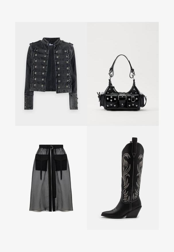 Juodas džinsinis karo stiliaus švarkas su dekoratyviniais sidabriniais mygtukais ir mandarinų apykakle, turintis horizontalių dirželių detales priekyje.; Juodas ilgomis rankovėmis viršus, pagamintas iš permatomos medžiagos, turi apvalų iškirpimą, priekinį mygtukų užsegimą ir banguotus kraštus ant rankovių.; Juoda permatoma sijonas su surinkta liemene, dviem didelėm priekinėm kišenėm, liemens raišteliu ir apvaliu metaliniu akcentu.; Juodi oda kaubojiški batai su smailiu nosiu, stulpeliu ir sidabriniais siuvinėti gėlių raštais palei šoną. Kontrastingas siuvinėjimas visoje bato dalyje.; Juodas odinis rankinukas su kreiviu dizainu, su sidabro spalvos knopkėmis, užsegimu ir dviem šoninėmis kišenėmis. Reguliuojama dirželis nešimui.