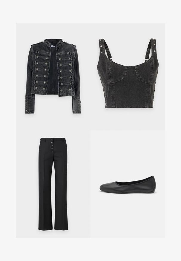 Fekete farmer katonai stílusú dzseki dekoratív ezüst gombokkal és mandzsárd gallérral, elöl vízszintes pánt részletekkel.; Ksubi DAUPHINE BUSTIER SHADOW - Felső - black; The Kooples PANTALON - Nadrágok - black; Fekete bőr balettcipő lekerekített orral, sima tekstúrával, minimális varrással és rugalmas talp kialakítással.