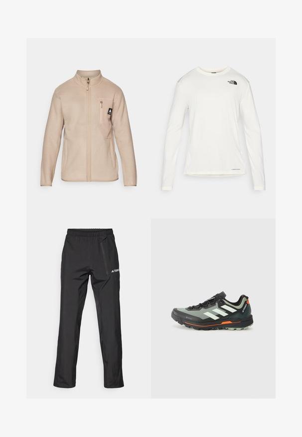 Beige fleecejack met een hoge kraag, een rits aan de voorkant en een borstzak met een klein logo. Soepele textuur, rechte snit en lange mouwen.; Witte overhemd met lange mouwen en een ronde hals, geweven stof, zwart logo op de linker schouder, en subtiele branding aan de onderkant.; Zwarte, lichtgewicht outdoorbroek met elastische tailleband, ritssluitingen in de zakken en een gedrukt logo. Gladde textuur en rechte pijpen.; Lichte trailrunningschoen met een grijs en zwart mesh bovenwerk, oranje accenten en een robuuste buitenzool voor grip. Waterdichte Gore-Tex voering.