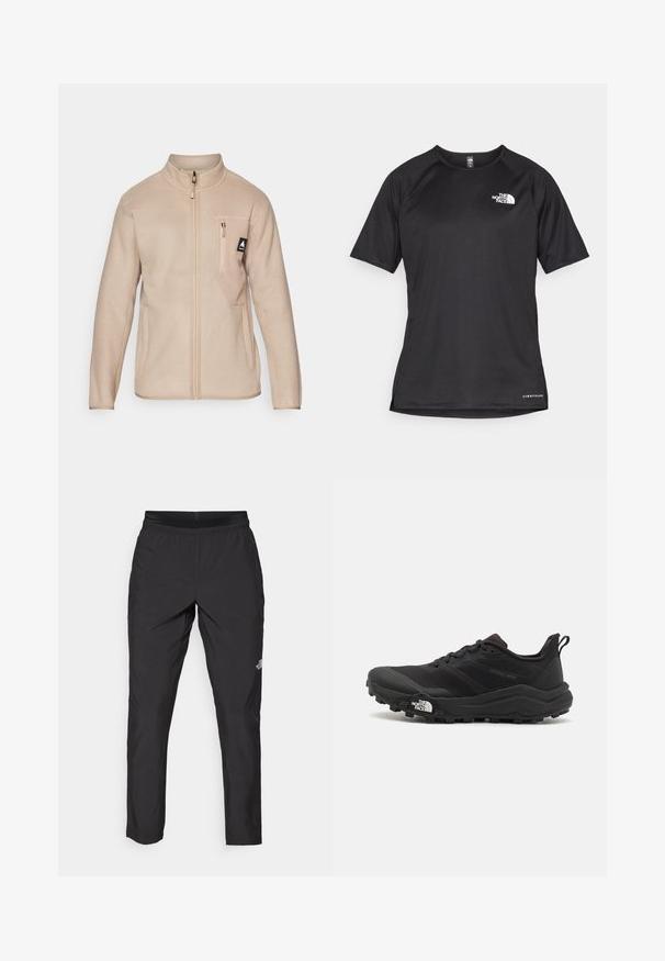 Beidziet flīsa jaka krēmkrāsā ar augstu kaklu, priekšējo rāvējslēdzēju un krūšu kabatu, kurā ir neliela logo. Gluda struktūra, taisna griezuma un garas piedurknes.; Melna sporta krekla īsām piedurknēm ar strukturētu audumu, kas ir ar baltu logotipu kreisajā krūtīs un taisnu apakšmalu.; Melni sporta bikses ar elastīgu jostasvietu, izgatavotas no viegla materiāla, ar mazu logo uz apakšējās kājas un taisnu kāju dizainu.; Melnas taku skriešanas kurpes ar teksturētu virsu, gumijas zoli un pastiprinātu pirkstu daļu. Aprīkotas ar mīkstu apkakli un vilkšanas cilpu, lai viegli uzvilktu.