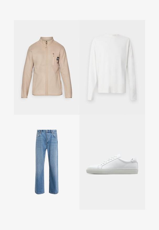 Beige fleece jacket with a high collar, front zipper, and a chest pocket featuring a small logo. Smooth texture, straight cut, and long sleeves.; Long-sleeved white cotton shirt with a round neckline, side slits at the bottom, and a smooth texture, displayed from the back.; Light blue denim jeans with a straight-leg design, five pockets, button closure, minimal fading, and contrasting stitching details.; White sneaker with a smooth leather upper and a low profile. Features a rounded toe, six eyelets, and a textured rubber sole.