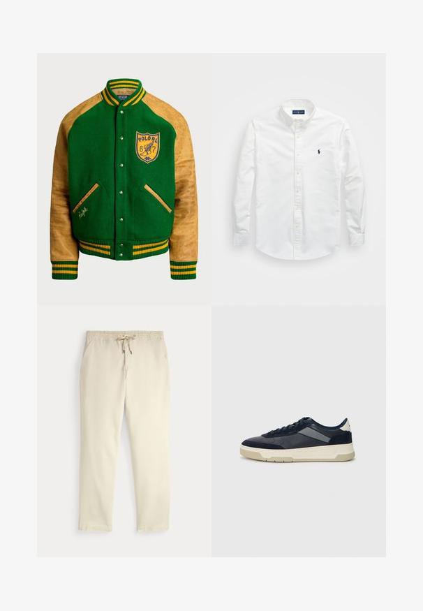 Corta-vento verde em lã com mangas de pele castanha, um logótipo bordado amarelo e punhos e gola em faixa. Apresenta botões de pressão e bolsos.; Camisa branca de botão, feita de algodão. Apresenta um colarinho pontudo, mangas longas e um pequeno logótipo azul-marinho no peito. Textura suave.; Calças casuais off-white com cintura elástica e cordão, pernas retas e bolsos laterais, contra um fundo liso.; BOSS BALTIMORE - Sapatilhas - open blue