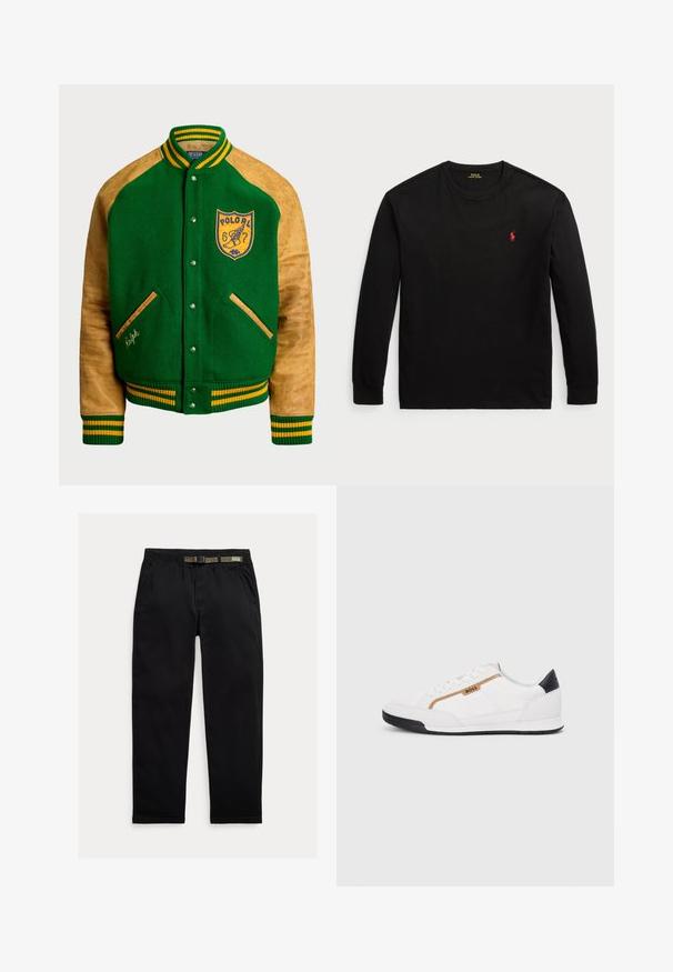 Corta-vento verde em lã com mangas de pele castanha, um logótipo bordado amarelo e punhos e gola em faixa. Apresenta botões de pressão e bolsos.; Camisola de manga longa preta feita de algodão. Apresenta um colarinho redondo, punhos canelados e um pequeno logo bordado vermelho no peito. Textura suave.; Calças pretas feitas de um tecido leve, com uma cintura elástica com um cinto verde integrado, corte reto e bolsos laterais.; Tênis atléticos brancos com detalhes em malha e couro. Apresenta um logotipo dourado "BOSS", painéis laterais texturizados e um capô de calcanhar preto. Sola em borracha.