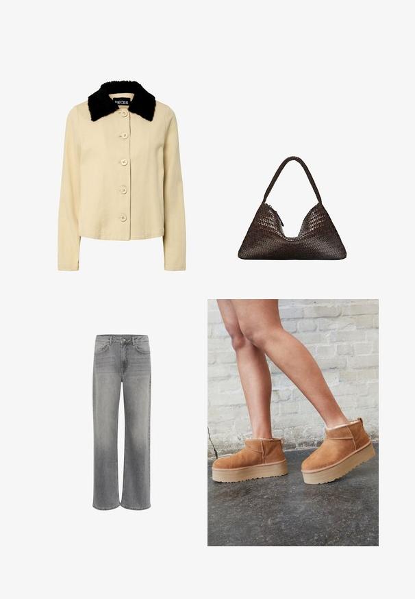Béžová bunda s černým límcem z umělé kožešiny, s knoflíkovým zapínáním a dlouhými rukávy. Materiál vypadá texturovaně s klasickým designem.; Svetle šedý pletený svetr s dlouhým rukávem, s manžetami a lemem s žebrováním, s výstřihem do V a uvolněným střih.; Bílý krátký rukáv tričko vyrobené z bavlny. Má kulatý výstřih a volný střih. Hladký materiál bez viditelných vzorů nebo akcentů.; Široké denimové džíny v šedé barvě, s vysokým pasem, pěti kapsami, zapínáním na přední knoflík a jemným vyblednutím látky.; Hnědé semišové kotníkové boty s měkkou podšívkou, silnou béžovou platformou a zadním poutkem. Texturovaný povrch s viditelnými švy.; Tmavě hnědá trojúhelníková kabelka z tkané kůže s jedním pleteným uchopem a viditelným jezdcem zipu na jedné straně.; Sada osmi stříbrných prstenů, různé designy včetně hladkých, texturovaných a jednoho s malými perlami. Mezi rysy jsou zakřivení a akcenty.