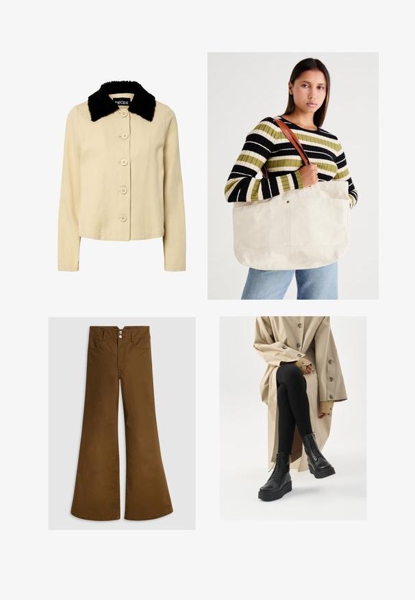 Bežs mēteli ar melnu mākslīgā kažokāda apdari, aprīkots ar pogu aizdari un garām piedurknēm. Materiāls izskatās teksturēts ar klasisku dizainu.; Brūns adīts džemperis ar apaļu kakla izgriezumu, ribotām aprocēm un apakšmalu, ar nelielu logo uz krūtīm, izgatavots no struktūrētas auduma.; Brūni izkliedēti bikses, kas izgatavotas no kokvilnas ar gludu tekstūru, ar divām priekšējām kabatām un divu pogu aizdari jostas vietā.; Melnas ādas potītes zābaki ar auklīšu detaļām, paaugstināta platformas zole, un tekstūras melnas legingas, valkātas ar gaiši beidžu trenču mēteļa.; Liels bežs kanvas iepirkumu maisiņš ar brūnu ādas siksnām, kas piedāvā minimālistisku dizainu un redzamās šuves akcentus.