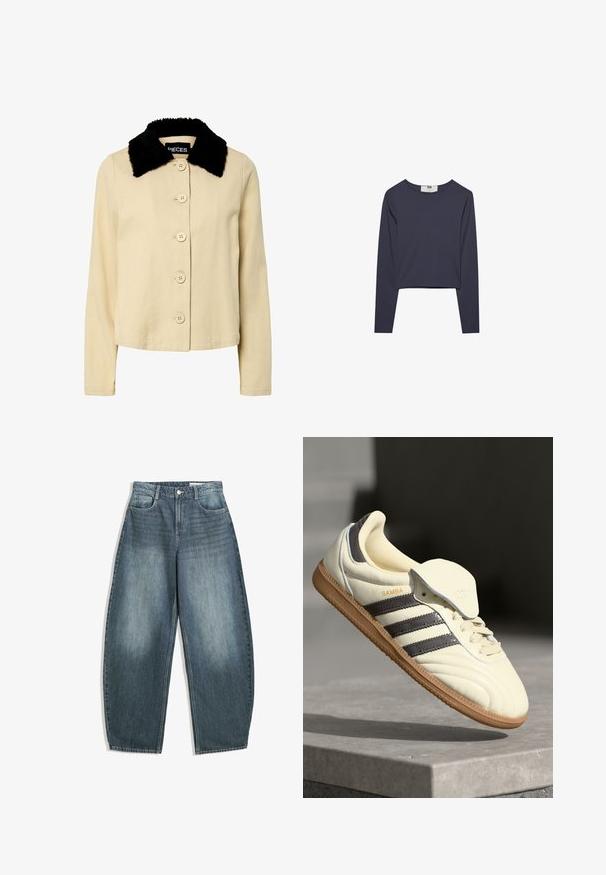 Beige jacka med en svart fuskpälskrage, med knappstängning framtill och långa ärmar. Materialet verkar vara texturerat med en klassisk design.; Långärmad crop top i mörk marinblå, tillverkad av lättviktigt material, med rundad halsringning och en jämn, slät yta.; Ljust blå denimbyxor med vida ben har hög midja, fem fickor, subtil blekning och sömnadsdetaljer längs sömmarna.; Krämfärgad lädersneaker med tre mörka ränder, en brun gummisula och rundad tå. Har en vikbar tunga märkt "SAMBA."