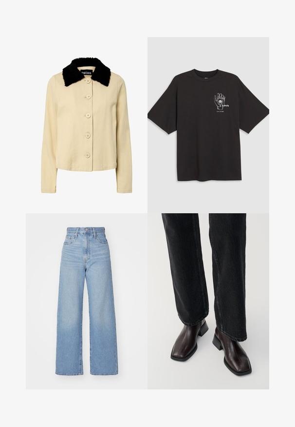 Casaco bege com um colarinho de pelo sintético preto, apresentando uma frente com botões e mangas longas. O material parece texturizado com um design clássico.; T-shirt de algodão preto com mangas curtas, apresentando uma ilustração de mão e o texto "Levi's LA LUNE" em branco na área do peito esquerdo.; Jeans de cintura alta e perna larga em azul claro, com fecho frontal de botão e zíper, bolsos frontais e traseiros, sobre um fundo branco.; Botas de tornozelo em pele castanha com biqueira quadrada e salto bloco, combinadas com jeans pretos de perna larga. Textura suave e design minimalista.
