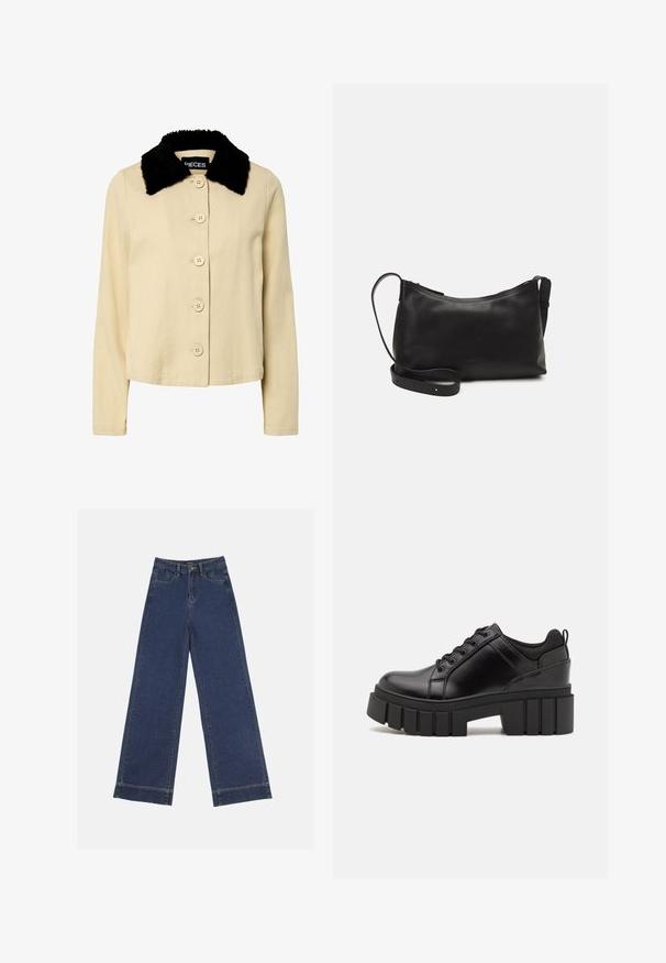 Béžová bunda s černým límcem z umělé kožešiny, s knoflíkovým zapínáním a dlouhými rukávy. Materiál vypadá texturovaně s klasickým designem.; Bílý bavlněný tričko s barevným potiskem motýla na levé části hrudi. Krátké rukávy a volný střih.; Džíny s širokými nohavicemi v tmavě modrém denimovém provedení. Disponují pěti kapsami, poutky na opasek a surovým lemem na spodní straně s viditelnými detailem šití.; Černé kožené platformové boty s masivním blokovým podpatkem, kulatou špičkou a tradičním šněrováním. Mají hladký povrch a minimální detaily.; Černá kožená taška přes rameno s hladkým povrchem, zakřiveným tvarem, nastavitelným popruhem a zipovým uzávěrem. Minimalistický design bez zdobení.