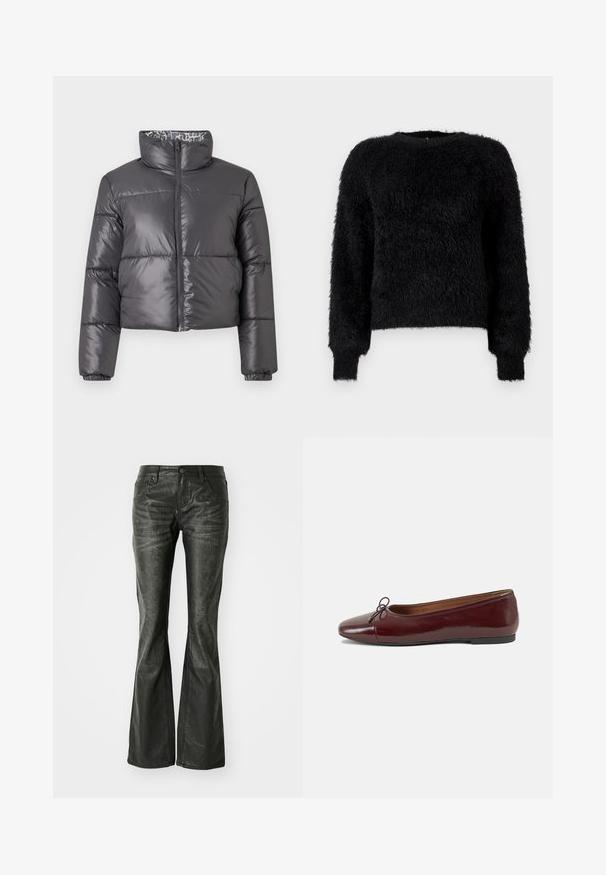 Svart puffjakke med høy krage, glidelås foran og quiltede seksjoner. Har en glatt, skinnende overflate og et mønstrete fôr.; Svart, lodden genser med lange ermer og rund hals, laget av et mykt og teksturert stoff, med ribbede mansjetter, mot en enkel hvit bakgrunn.; Sorte falske skinn flared jeans med frontlommer, metallknapplukking og en lett teksturert overflate. Rett ben med lang kutt.; Burgunderrød lakk lær ballettleilighet med rund tå, liten sløyfe foran og en lav, svart gummisåle. Glatt tekstur.