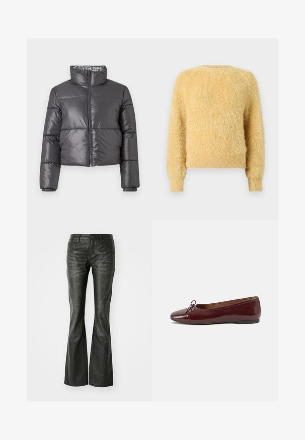 Juodas pūkinis švarkas su aukštu apykakle, užtrauktuku priekyje ir siūlėmis. Turtinga, lygi išorinė medžiaga ir raštuotas pamušalas.; Minkštas, pūkuotas geltonas ilgomis rankovėmis megztinis su raukinėtais rankogaliais ir apykakle, turintis apvalią iškirptę ir purią tekstūrinę megztinę.; Juodos dirbtinės odos flared džinsai su priekinėmis kišenėmis, metaliniu mygtuko uždarymu ir šiek tiek tekstūruota paviršių. Tiesūs džinsai su ilgu kirpimu.; Bordo lakiotos odos baleto bateliai su apvalia nosimi, maža kaspinėlio akcentu priekyje ir žema juoda guma padanga. Lygi tekstūra.