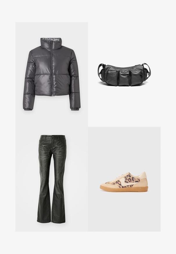 Czarna puchowa kurtka z wysokim kołnierzem, zamkiem z przodu i pikowanymi sekcjami. Posiada gładką, błyszczącą powierzchnię oraz wzorzystą podszewkę.; Ciemnoszara bluza z kapturem wykonana z miękkiego materiału, z regulowanym kapturem, ściągaczami na rękawach i dyskretnym logo nadrukowanym na przodzie.; Czarne, sztuczne skórzane spodnie o rozszerzanym kroju z przednimi kieszeniami, metalowym zapięciem na guzik oraz lekko fakturowaną powierzchnią. Prosty krój nogawek z długim cięciem.; Sneakers w panterkowym wzorze, z beżową zamszową cholewką, brązową gumową podeszwą i białymi akcentami. Okrągły czubek i sznurowany fason z fakturowym wykończeniem.; Czarna skórzana torba na ramię z teksturowanym wykończeniem. Posiada trzy zewnętrzne kieszenie i regulowany pasek. Kompaktowy, zaokrąglony kształt.
