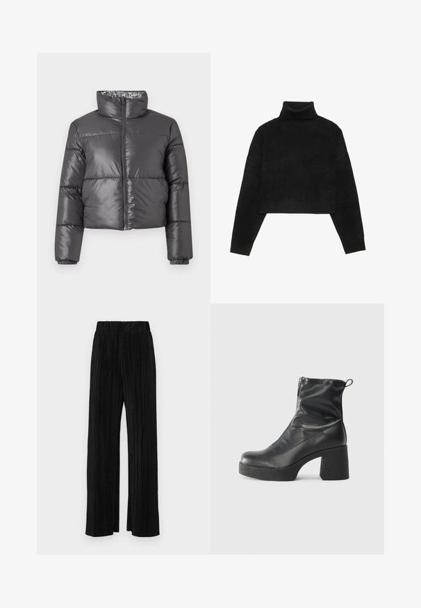 Czarna puchowa kurtka z wysokim kołnierzem, zamkiem z przodu i pikowanymi sekcjami. Posiada gładką, błyszczącą powierzchnię oraz wzorzystą podszewkę.; Czarny skrócony sweter z prążkowanym kołnierzem i mankietami, o gładkiej fakturze i luźnym kroju. Prosty, minimalistyczny design.; Czarne spodnie plisowane z elastycznym paskiem w talii. Posiadają szerokie nogawki oraz gładki, teksturowany materiał z pionowymi paskami.; Czarne botki za kostkę wykonane z gładkiej skóry, wyposażone w boczny zamek błyskawiczny, masywny teksturowany obcas oraz zaokrąglony czubek.