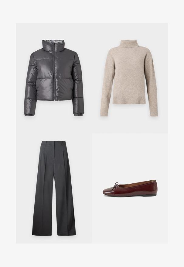 Black puffer jacket with a high collar, zip front, and quilted sections. Features a smooth, shiny exterior and a patterned lining.; Beige turtleneck sweater made of soft knit material. Features a ribbed collar and cuffs, with a slightly oversized, relaxed fit.; Wide-leg trousers in dark gray fabric, featuring a high waist, single pleats, and a smooth texture with a clean finish at the hems.; Burgundy patent leather ballet flat with a rounded toe, small bow accent at the front, and a low, black rubber sole. Smooth texture.
