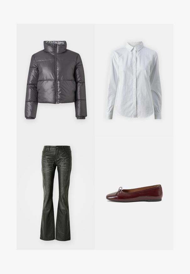 Crna puffer jakna s visokim ovratnikom, zatvorenjem na zip i obloženim dijelovima. Ima glatku, sjajnu vanjštinu i uzorkovanu podstavu.; Bjela košulja na dugih rukava od glatkog pamuka, s klasičnom kragnom i zakrivljenim rubom. Dugmad su mala i bijela.; Crne hlače od umjetne kože s lepršavim krojem, prednjim džepovima, metalnim dugmetom i blago teksturiranom površinom. Ravne nogavice s dugim krojem.; Burgundska lakirana balerinka s zaobljenim vrhom, malim mašnom sprijeda i niskom, crnom gumenom potplatu. Glatka tekstura.