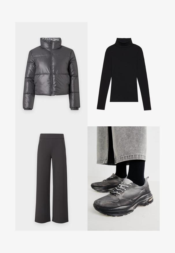 Sort pufferjakke med høj krage, lynlås foran og kviltede sektioner. Har et glat, shiny ydre og et mønstret foer.; Sort højhalset bluse med lange ærmer, lavet af ribbet stof, har et tætsiddende design med en høj krave og uden mønstre eller detaljer.; Bredde bukser i mørkegrå stof med en glat tekstur, elastisk talje og to forlommer. Flad frontdesign.; Sorte og grå atletiske sko har en mesh-overdel, tykke såler og snørebånd. De har en afrundet tå og synligt dæmpningsdetalje.