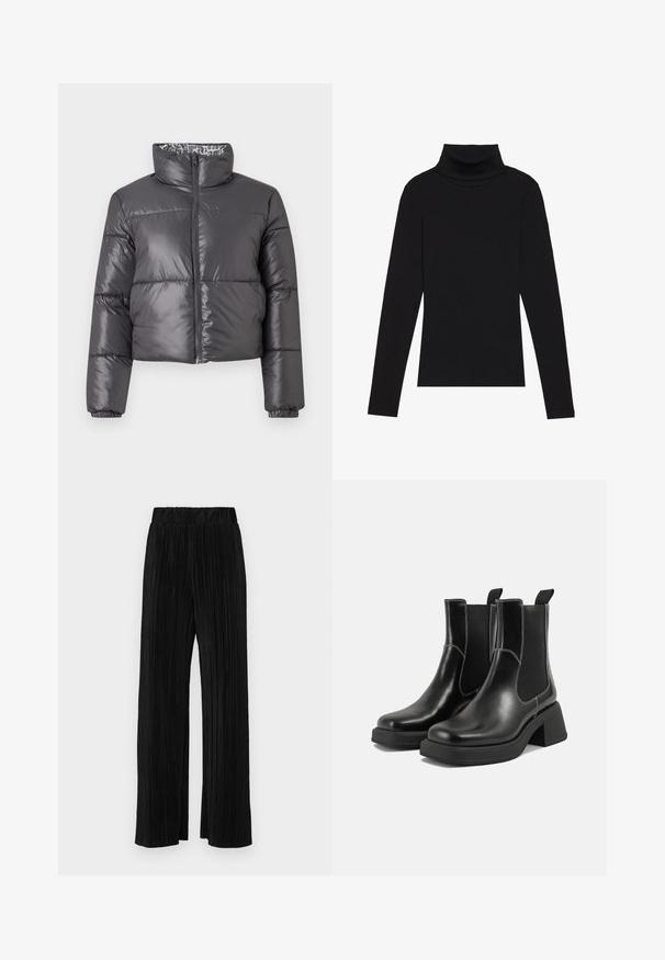 Juodas pūkinis švarkas su aukštu apykakle, užtrauktuku priekyje ir siūlėmis. Turtinga, lygi išorinė medžiaga ir raštuotas pamušalas.; Juoda turtleneko ilgo rankovės viršutinė dalis, pagaminta iš raukšlėtos medžiagos, turi prigludusią formą, aukštą apykaklę ir neturi jokių raštų ar akcentų.; Juodi plisuoti kelnės su elastine juosta. Turėkite plačias kojas ir glotnų, tekstūrinį audinį su vertikaliais dryžiais.; Juodos odinės Chelsea botai su storiu kulnu, elastinėmis šoninėmis panelėmis ir kontrastinga balta siūle. Tekstūruota apdaila.