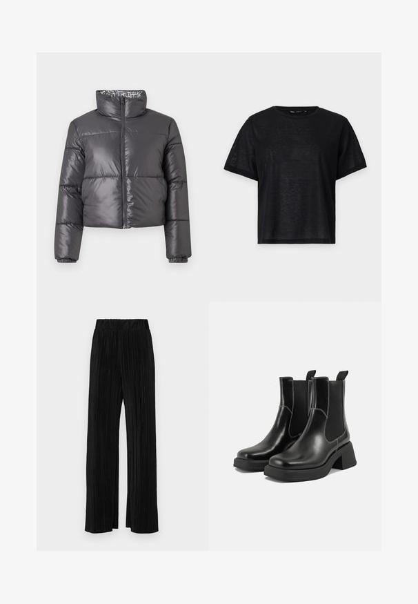 Mustmustükk must puffer-jakk kõrge kraega, tõmblukuga esiküljel ja tikitud osadega. Omab siledat, läikivat välist ja mustrilist voodrit.; Must musta lühikese varrukaga T-särk, millel on vabalt langev lõige, sile tekstuur ja ümmargune kaelus. Kerge kangas, millel on kerge sära.; Mustad pleekitud püksid elastse vöökohtaga. Omavad laiad jalad ja sujuvat, tekstureeritud kangast vertikaalsete triipudega.; Must musta Chelsea saapad, millel on paks konts, elastsed külgpaneelid ja kontrastne valge õmblus. Tekstuuriga viimistlus.