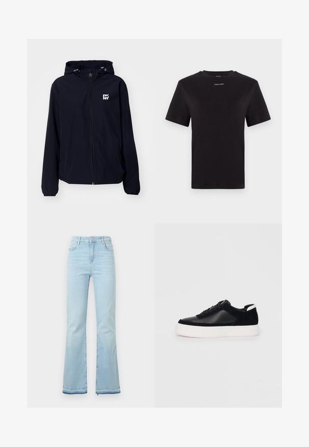 Czarna wodoodporna kurtka z kapturem, pełnym zamkiem błyskawicznym, elastycznymi mankietami i białym logo na piersi. Gładki, lekki materiał, casualowy design.; Czarny t-shirt bawełniany z krótkimi rękawami, okrągłym dekoltem i małym białym logo "Calvin Klein" na piersi. Gładka struktura, klasyczny krój.; Jasnoniebieskie dżinsy w stylu dzwonów, wykonane z denimu, z wysokim stanem, przednimi kieszeniami i surowym wykończeniem u mankietów, idealne na co dzień.; Czarne sneakersy z gładkiej skóry i zamszowymi panelami, płaskimi sznurowadłami, zaokrąglonym noskiem i białą gumową podeszwą. Wyraźne logo na pięcie.