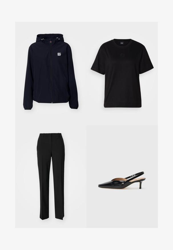 Black waterproof jacket with a hood, full zipper, elastic cuffs, and a white logo on the chest. Smooth, lightweight fabric, casual design.; Black cotton t-shirt with a crew neckline, short sleeves, and an embroidered logo on the chest. Simple, relaxed fit with no patterns.; Black tailored trousers with a straight-leg design, featuring a smooth texture and crisp creases along the front. No visible hardware.; Black patent leather slingback pump with a pointed toe, small heel, and a cutout design on the vamp. Gold-tone hardware accent on the side.