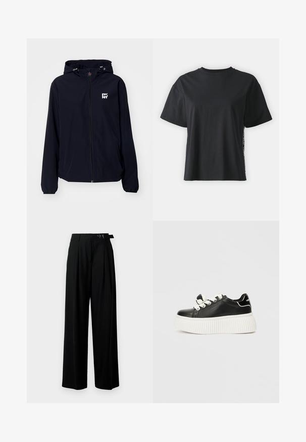 Fekete vízálló dzseki kapucnival, teljes cipzárral, rugalmas mandzsettákkal és fehér logóval a mellkason. Simább, könnyű szövet, laza dizájn.; Fekete, rövid ujjú pamut póló, laza szabású, kontrasztos oldalsó panelekre jellemző kis szöveggel és dizájn részletekkel.; Fekete, bő szárú nadrág magas derékkal, elöl pliszírozva, és csattal ellátott övvel. Simább, könnyű anyagból készült.; Fekete bőr sneaker vastag, fehér bordázott talppal, fehér fűzőkkel és díszes masni akcentussal a nyelvén.