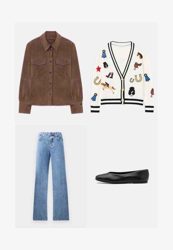 Brown suede long-sleeve shirt with button-down front, pointed collar, two chest flap pockets, and buttoned cuffs.; White cardigan with black trim, featuring colorful embroidered designs of horses, awards, and figures. Design includes boots, stars, and horseshoes.; Cotton short-sleeve T-shirt with a crew neckline, featuring black vertical stripes on a white background and a straight cut design.; Light blue denim jeans with a wide-leg design, five pockets, belt loops, and a button closure. The fabric has a smooth texture.; Paul Smith TOPANGA - Ballet pumps - black