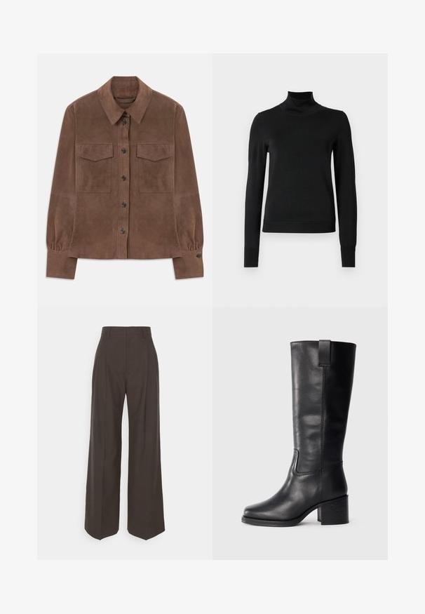 Brun ruskinds langærmet skjorte med knaplukning foran, spidse krave, to brystlommer med flap og knapmanchetter.; Sort langærmet turtleneck sweater med ribbede manchetter og kant, vist på en simpel hvid baggrund.; Mørkebrune brede bukser med høj talje, der har pænt pressede folder, glat overflade og en skræddersyet pasform.; Sorte læderknæhøje støvler med en glat tekstur, firkantet tå, blokhæl og sideløkke, der har minimale syninger.