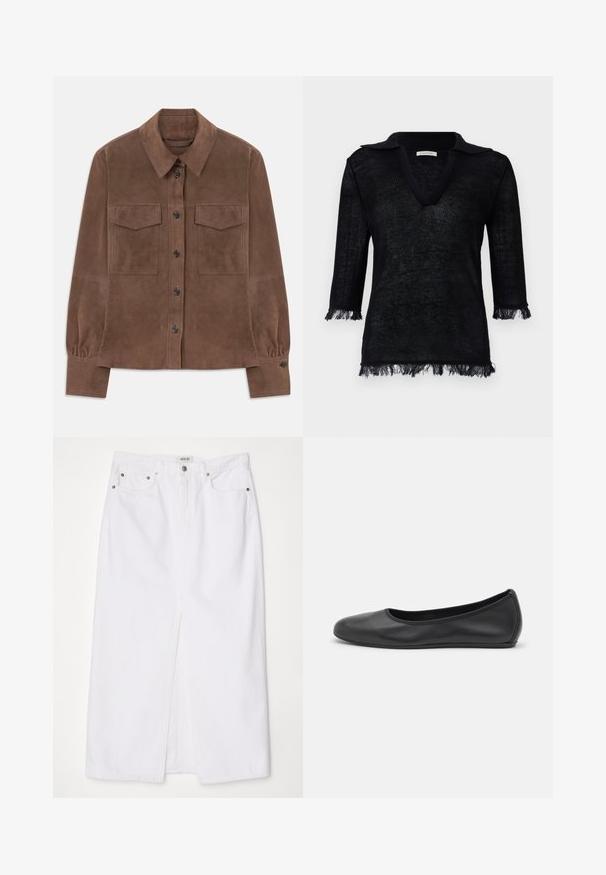 Brūns zamšs gara piedurkņu krekls ar pogām priekšā, norādītu apkakli, divām krūšu kabatām ar atloku un pogājamām aprocēm.; Melnā adīta džemperis ar V veida kaklu un apkakli. Piedāvā trīs ceturtdaļu garuma piedurknes ar fringu detaļām pie piedurknēm un apakšmalas. Strukturēts materiāls.; Bala balta denima svārki ar priekšējo šķelšanos, piecu kabatu dizainu, metāla pogu un rāvējslēdzēja aizdari, kā arī izšūti apakšmala akcenti.; Melna ādas baleta kurpe ar noapaļotu purngalu, gludu tekstūru, minimālu šuvju detalizāciju un elastīgu zoles dizainu.