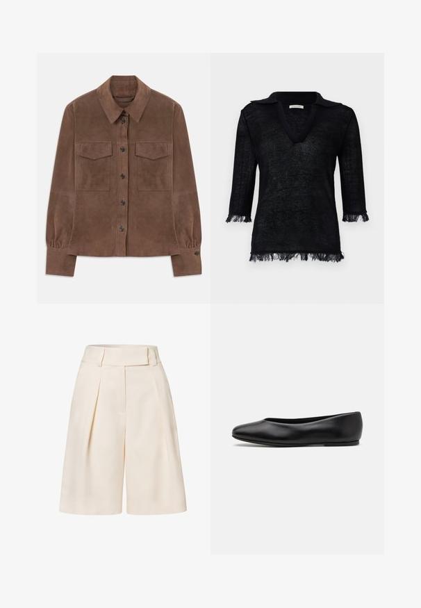 Bruine suède langemouwenhemd met knoopsluiting aan de voorkant, puntkraag, twee borstzakken met flap en met knopen gesloten manchetten.; Zwarte gebreide pullover met een V-hals en kraag. Heeft driekwartmouwen met franjes aan de manchetten en onderrand. Getextureerd materiaal.; Crème-kleurige, op maat gemaakte shorts met een hoge taille, geplooide voorkant en een gladde stofstructuur. Heeft wijde, cropped pijpen.; Paul Smith TOPANGA - Ballerina's - black
