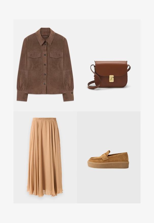 Ruda suede ilgo rankovės marškiniai su sagų užsegimu priekyje, smailiu apykakle, dviem krūtininiais kišenėmis su uždengimu ir su sagutėmis užsegamomis rankovėmis.; Tamsiai mėlynas megztinis su kreminės spalvos paukščio grafiką. Dizainas apima linijines formas ir pulpino apykaklę bei rankogalius.; Šviesiai bežinė maksi sijonas, pagamintas iš lengvos medžiagos. Turi surinktą elastingą juosmenį ir švelnius klostes, užtikrinančius judėjimą.; Rudos suedinės loafer tipo bateliai su apvaliu pirštu, turintys raukšlėtą platformos padą ir dekoratyvinę juostą per viršutinę dalį.; Ruda odinė rankinė su uždaromu dangteliu, aukso spalvos detalėmis, petneša ir lygiu paviršiumi. Kompaktiška stačiakampio formos.