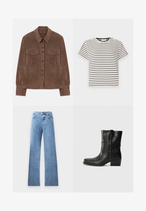 Braunes Wildlederhemd mit langen Ärmeln, Knopfleiste, spitzem Kragen, zwei Brustklapptaschen und geknöpften Manschetten.; Kurzarm-T-Shirt aus Baumwolle mit Rundhalsausschnitt, das auf einem weißen Hintergrund schwarze vertikale Streifen und einen geraden Schnitt aufweist.; Hellblaue Jeans aus Denim mit weitem Bein, fünf Taschen, Gürtelschlaufen und einem Knopfverschluss. Der Stoff hat eine glatte Textur.; Schwarze Leder-Ankle Boots mit runder Zehenform, Blockabsatz, seitlichem Reißverschluss und gestickten Akzenten auf dem Blatt. Glatte Textur, klassisches Design.