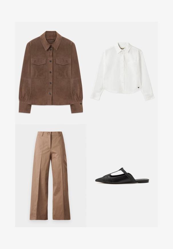 Smeđi suédni košulja dugih rukava s gumbima sprijeda, šiljastim ovratnikom, dva džepa s preklopom na prsima i manžetama na gumb.; Bijela skraćena košulja dugih rukava napravljena od pamuka. Ima gumb za zatvaranje sprijeda, džep na prsima i mali crni logotip na donjem lijevom dijelu.; Smeđe hlače širokih nogavica od glatkog materijala, s prednjim zatvaračem na dugme, dvjema prednjim džepovima i čistim, oblikovanim linijama.; Crne kožne cipele s remenom oko pete i šiljastim vrhom, s pletenim naglaskom i nabranim gornjim dijelom. Ravni đon s minimalnim hardverom.