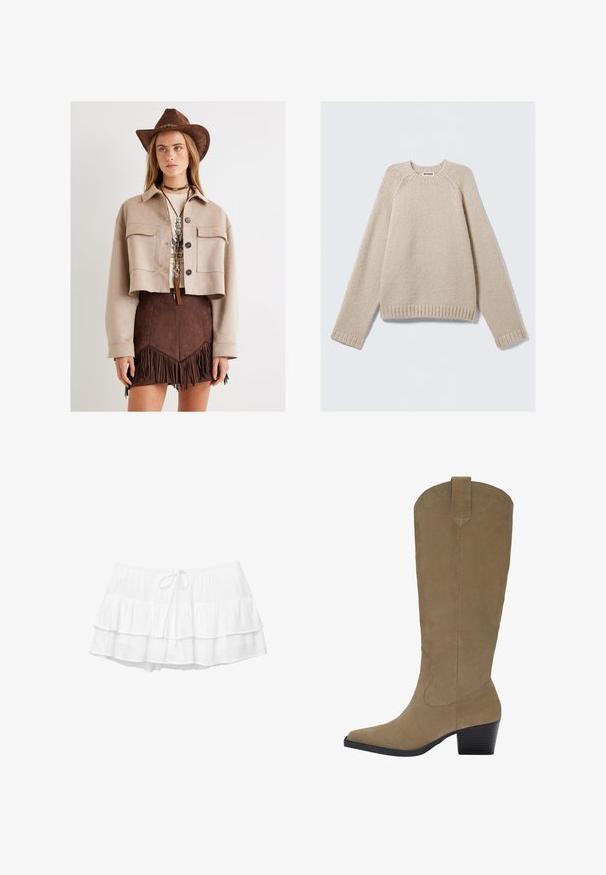 Geknipte beige suede jas met twee borstzakken, gecombineerd met een bruine franjerok, accessoires met een bruine hoed en een gelaagde ketting.; Beige gebreide trui met lange raglanmouwen en geribbelde manchetten en zoom, plat gelegd op een lichte achtergrond.; Witte gelaagde rok met drie gerimpelde lagen, elastische tailleband en trekkoorddetail. Gemaakt van lichtgewicht, gestructureerde stof.; Kniehoge tan suède laarzen met een puntige neus, een gestapelde hak en stiksel details langs de zijkanten. Smooth texture en gestructureerd ontwerp.