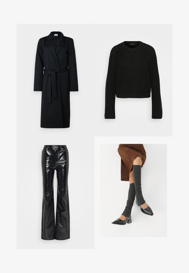 Casaco longo preto com lapela dentada, design envolvente e faixa correspondente na cintura. Feito de um tecido semelhante à lã, apresenta mangas longas e uma textura suave.; Sweater preto tricotado com decote redondo e mangas longas. Apresenta um padrão texturizado e um design cropped.; Calças flare em couro sintético preto com acabamento brilhante, apresentando uma cintura alta, bolsos frontais e detalhes em metal prateado.; Sapatos pretos de pele lacada com biqueira pontuda, salto bloco e tiras no tornozelo, combinados com caneleiras cinzas em malha e uma saia de camurça castanha.