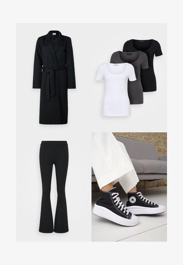 Fekete, hosszú kabát, bemetszett hajtókával, átkötős kialakítással és hozzá illő derékszíjjal. Gyapjúhoz hasonló anyagból készült, hosszú ujjakkal és sima textúrával.; Három szűkített T-póló fehér, szürke és fekete színben. Mindegyik széles, kerek nyakkal és rövid ujjakkal rendelkezik. Simább, elasztikus anyagból készült.; Fekete harangszárú nadrág, rugalmas anyagból készült, magas derékkal és sima felülettel. A nadrág a térdtől kezdve bővül.; Fekete magas szárú tornacipők fehér gumitalppal és fűzővel. Kör alakú logófolttal és kontrasztos fehér varrással. Vászon anyagból.