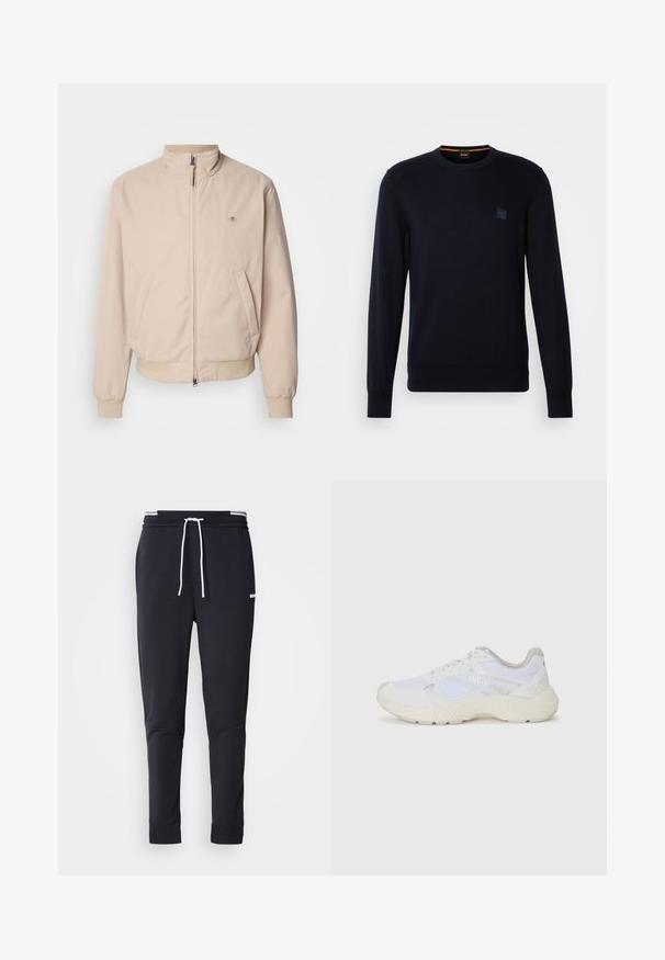 GANT HAMPSHIRE JACKET - Let jakke / Sommerjakker - concrete beige; Marineblå strikket trøje med lange ærmer, rund halsudskæring, ribbede manchetter og kant, med et lille firkantet logo-patch på brystet.; Sorte slim-fit joggingbukser med hvid snor, elastisk talje med hvide striber og lille hvidt logo på den øverste lår.; Hvide sportssko lavet af mesh og ruskind, med en struktureret mellemsål, strukturerede detaljer og "HUGO"-logoet på siden.