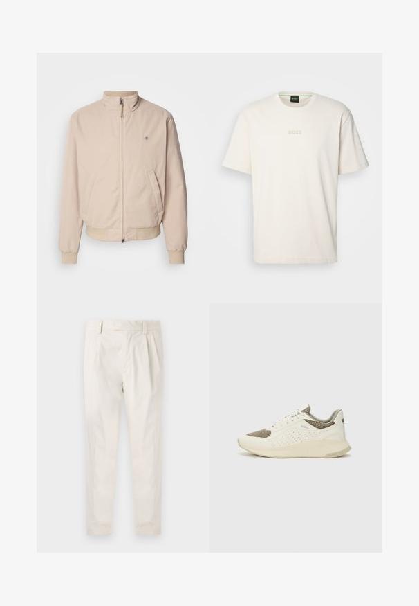 GANT HAMPSHIRE JACKET - Summer jacket - concrete beige; BOSS TEE - Basic T-shirt - open white; White, pleated trousers with a tailored fit, featuring a smooth texture, belt loops, and tapered legs. No visible pockets or patterns.; White and light beige athletic sneaker, featuring a mesh upper, perforated detailing, and a textured midsole with branding on the heel.