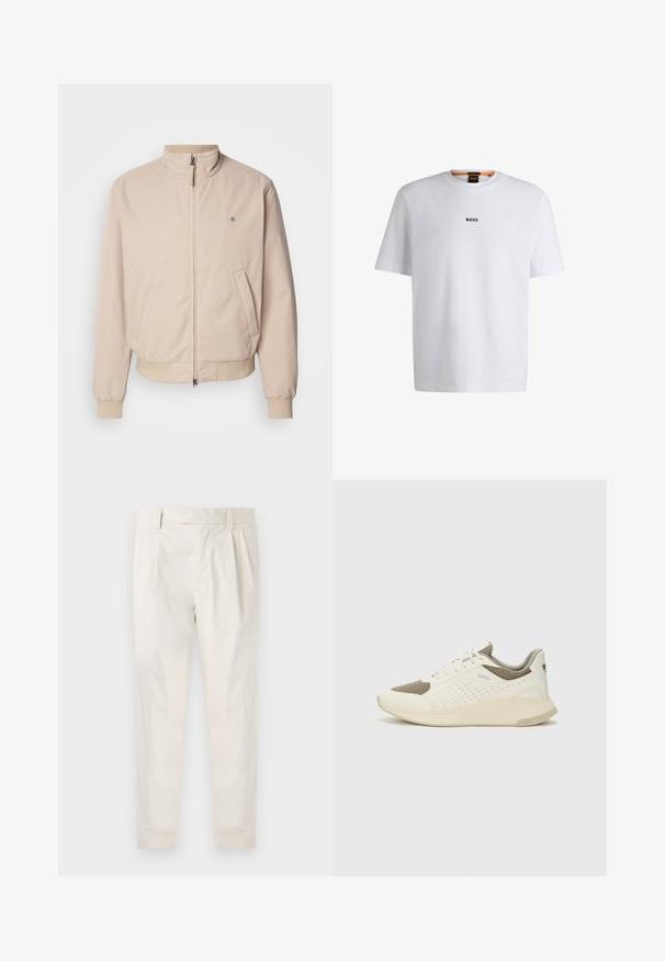 GANT HAMPSHIRE JACKET - Skraistė - concrete beige; Balta medvilninė marškinėliai trumpomis rankovėmis, su juodu "BOSS" logotipu, centruotu ant krūtinės, ir apvaliu kaklo dizainu.; Balti, susiūtos kelnes, turinčios pritaikytą siluetą, pasižyminčias lygia tekstūra, dirželio kilpomis ir siaurėjančiomis kojomis. Nėra matomų kišenių ar raštų.; Baltas ir šviesiai bežinis sportinis kedas, su tinklo viršumi, perforuotais detalėmis ir tekstūruotu tarpine su logotipu ant kulno.