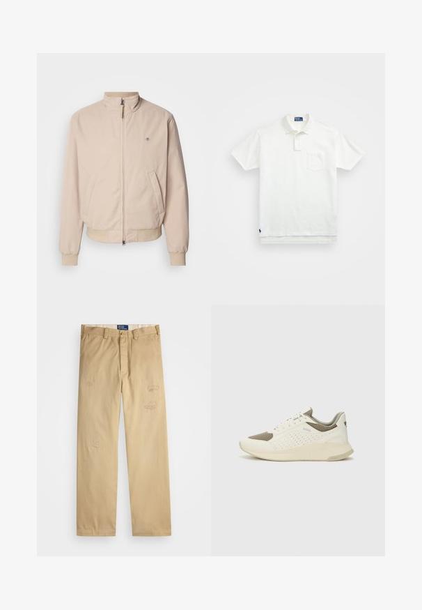 GANT HAMPSHIRE JACKET - Skraistė - concrete beige; Balta polo marškiniai pagaminti iš medvilnės, su klasikiniais kraštais, trijų mygtukų sprandeliu ir kairiuoju krūtinės kišeniu; mažas logotipas apačioje.; Braški medvilniniai kelnės su tiesiu kirpimu. Priekyje yra dėvėti priežiūros elementai ir siuvinėjimo detalės. Klasikinis mygtuko ir užtrauktuko uždarymas.; Baltas ir šviesiai bežinis sportinis kedas, su tinklo viršumi, perforuotais detalėmis ir tekstūruotu tarpine su logotipu ant kulno.