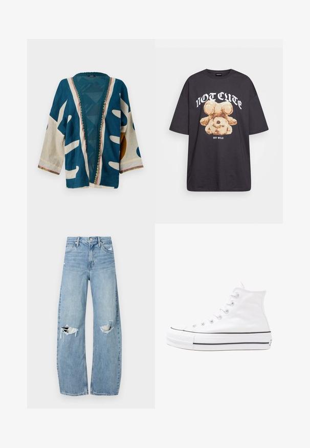 Sininen ja kerma värinen kuvioitu kimono takki, jossa on rento istuvuus, leveät hihat ja monimutkainen viimeistely kaula-aukossa ja helmassa. Koristeellisia aiheita on läsnä.; Mustat ylisuurent-paidat, joissa on karhun grafiikka ja teksti "EI SULOINEN VAAN VILLI" rohkealla valkoisella fontilla. Puuvillamateriaali.; Vaaleansiniset, korkeavyötäröiset farkut, jotka on valmistettu denimmateriaalista. Ominaisuuksiin kuuluvat leveät lahkeet, kaksi revittyä polvialuetta ja klassinen viiden taskun tyyli.; Valkoiset korkeavartiset kangaskengät mustalla kumipohjalla, edessä kuminen varvasosa ja kuusi nauha-aukkoa, puhtaan minimalistisella muotoilulla.