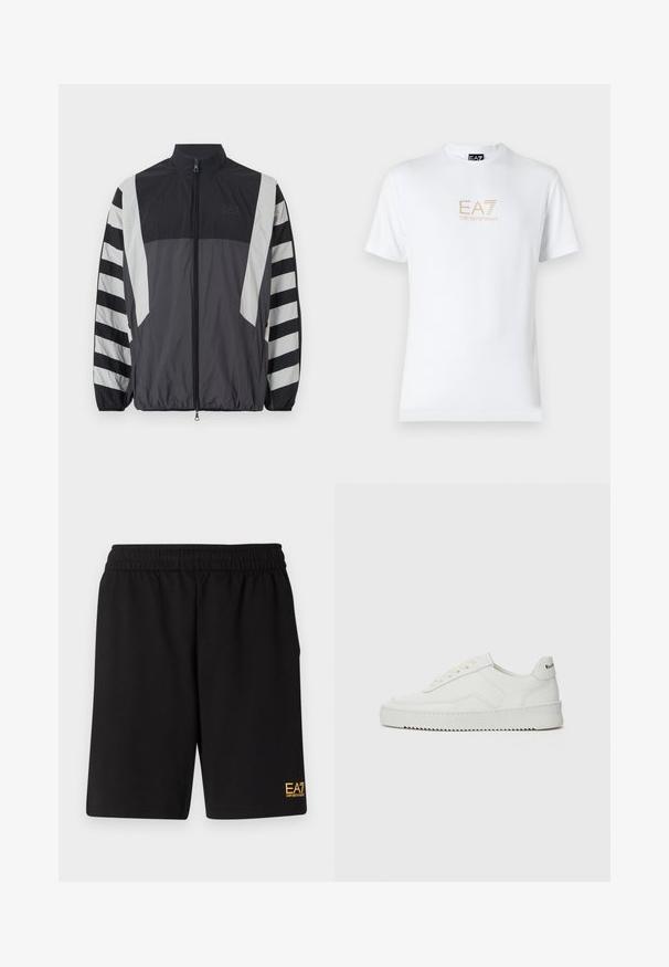 Mustangimüts musta ja hallina. Omab kõrget kraed, täispikka tõmblukk ja triibulisi varrukaid. Valmistatud kerge, tekstureeritud kangast.; Valge puuvillane T-särk, millel on ümmargune kaelus ja lühikesed varrukad, ning mille esiosal on kuldne EA7 Emporio Armani logo.; Mustad mustad lühikesed püksid, mis on valmistatud pehmest kangast. Omavad elastset vöökohta ja väikest kollast EA7 logo vasakul jalal.; Valge nahast tennis, millel on sile põhi, ümar varvas, lamedad nöörid ja tekstuuriline tall. Sisaldab diskreetset logo kontsaribal.